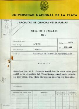 Comunica que el H. Consejo Académico eligió como vice-decana a la Dra. Emma Mocoroa 1972