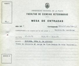 Renuncia al cargo de vice-decana de Emma Mocoroa 1973