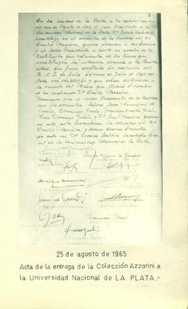 Acta de donación de la colección Azzarini a la UNLP 1965