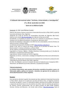 Resumen de disertación Casareto en Coloquio Internacional de Archivos, Universidades e Investigac...